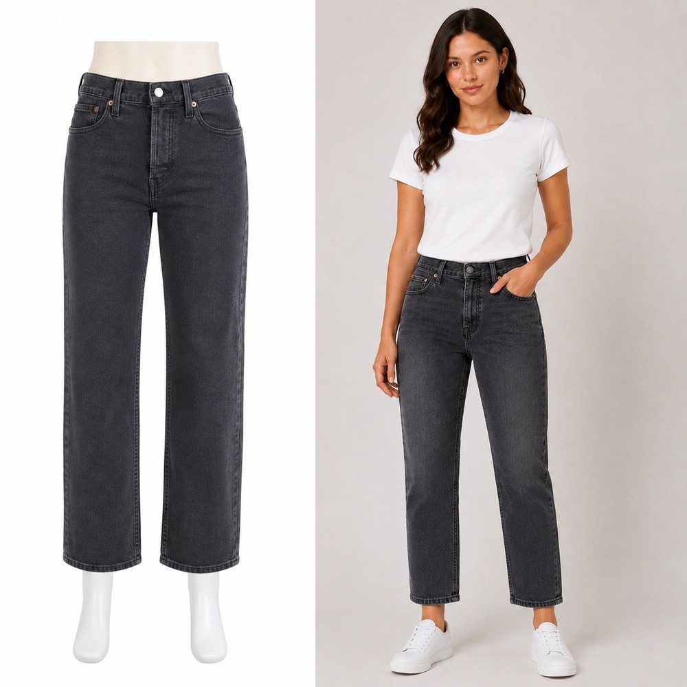 Levis Ribcage Straight Ankle Jeans Womens‎ 27 Gray Black High Rise Button Fly
